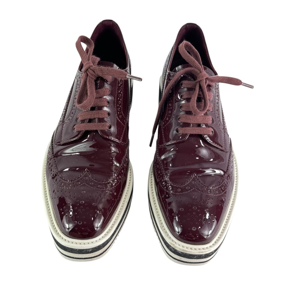 PRADA Brogues Burgundy Patent Leather Women Wingtip Platform Loafers 39 - 9US